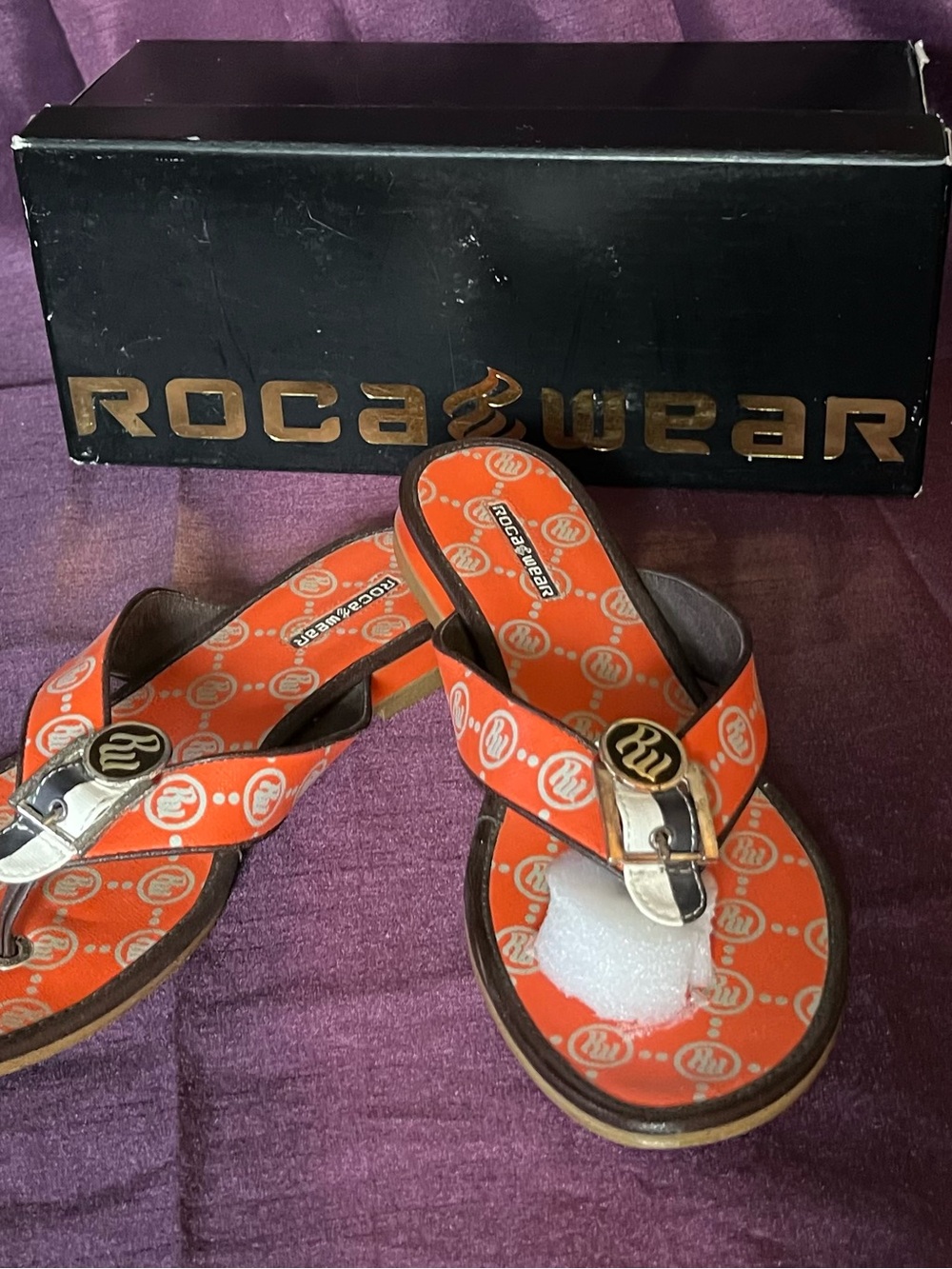 Rocawear Orange Logo Thong Sandals with Gold Accents